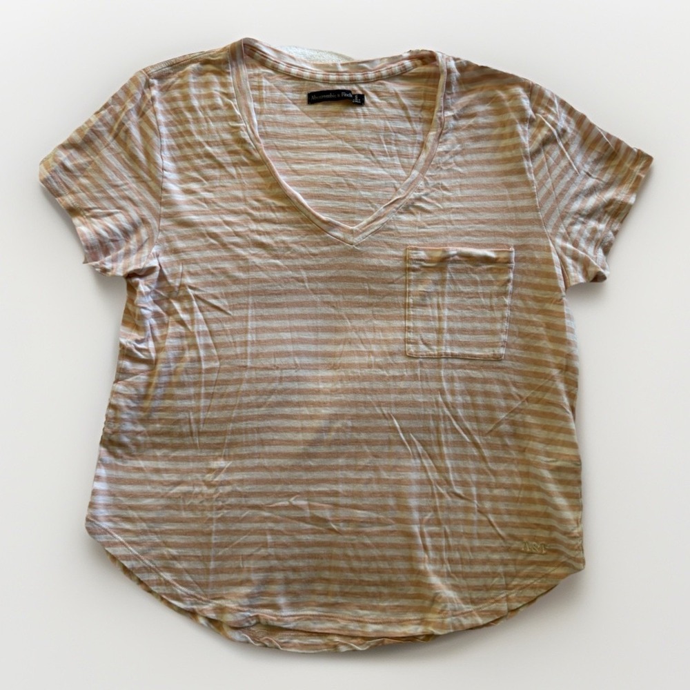 Abercrombie & Fitch Striped V-Neck Tee Womens Small Tan White Pocket Casual Top